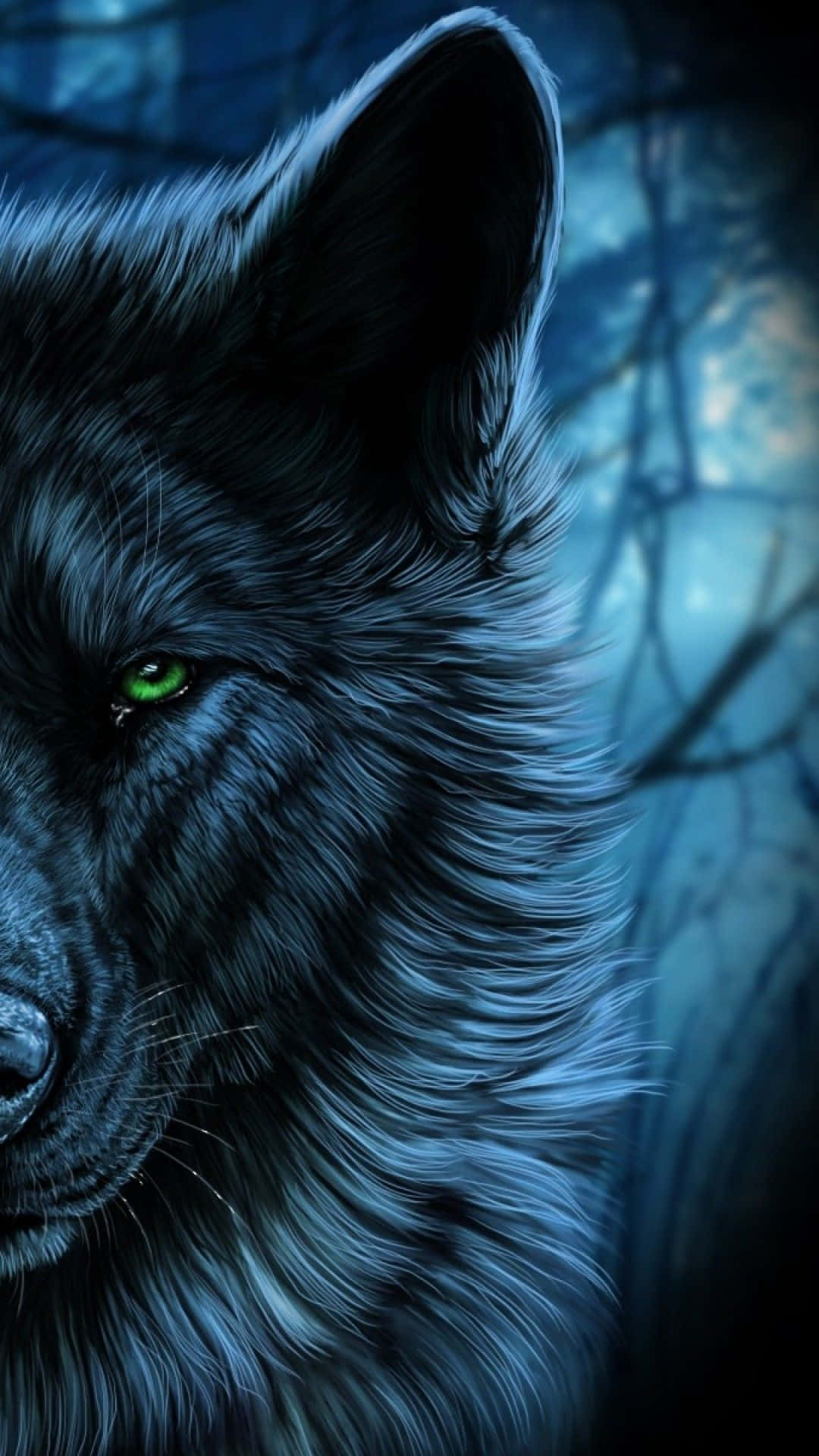 Lobo preto com olhos verdes brilhantes em uma floresta iluminada pela lua à noite. — iPhone Wolf Papéis de Parede