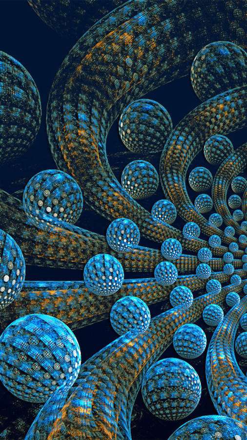 Glowing blue spheres and golden tubes in a digital abstract pattern. — iPhone X Dynamic Wallpaper