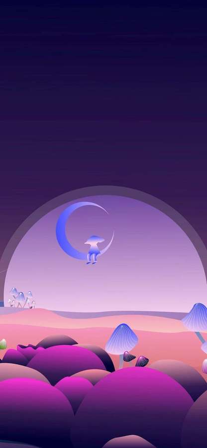 A small figure sits on a crescent moon above a field of glowing purple mushrooms at night. — iPhone Xs Max Background