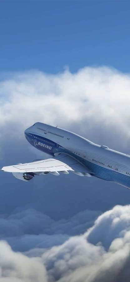 A Boeing 747 airplane flying high above white clouds in a blue sky. — iPhone Xs Microsoft Flight Simulator Background