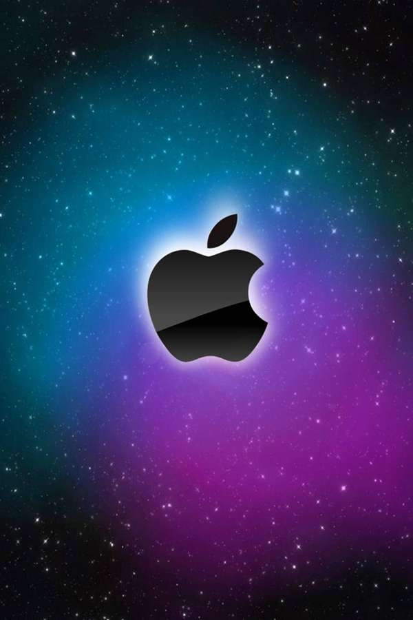 Schwarzes Apple-Logo, das in einem farbenfrohen Sternenhimmel-Hintergrund leuchtet. — iPod Touch Bilder