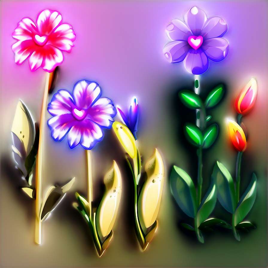 Glowing flowers with heart-shaped centers in a fantasy digital illustration. — Iris flower PNG