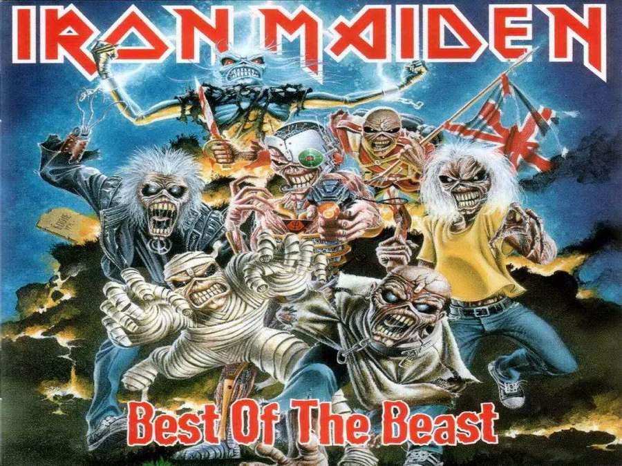 Membri degli Iron Maiden come figure scheletriche con capelli selvaggi e armi in un cielo tempestoso. — Iron Maiden Sfondi