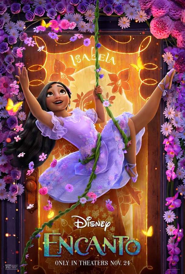 A girl swinging on a vine surrounded by flowers and butterflies near a glowing door. — Isabela Madrigal Background