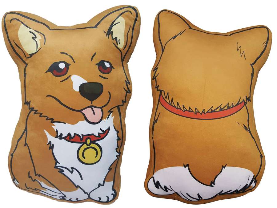 Corgi plush pillow showing front and back views with red collar and gold tag. — Isuzu Elf Wallpaper