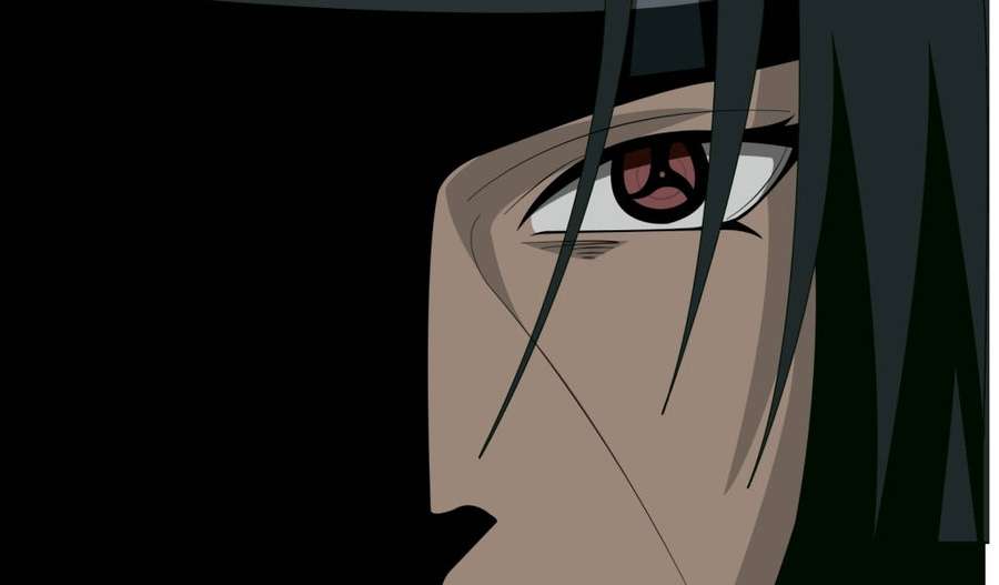 Anime character's intense eye with red iris and black hair against dark background. — Itachi Black Background