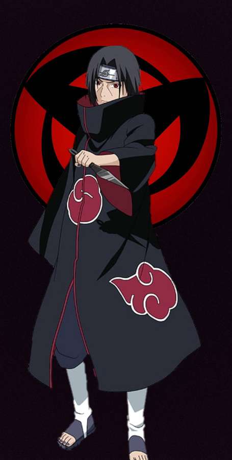 Ninja de anime con capa negra y emblema de nube roja sosteniendo un cuchillo contra un fondo oscuro. — Itachi Estético Fondos de pantalla