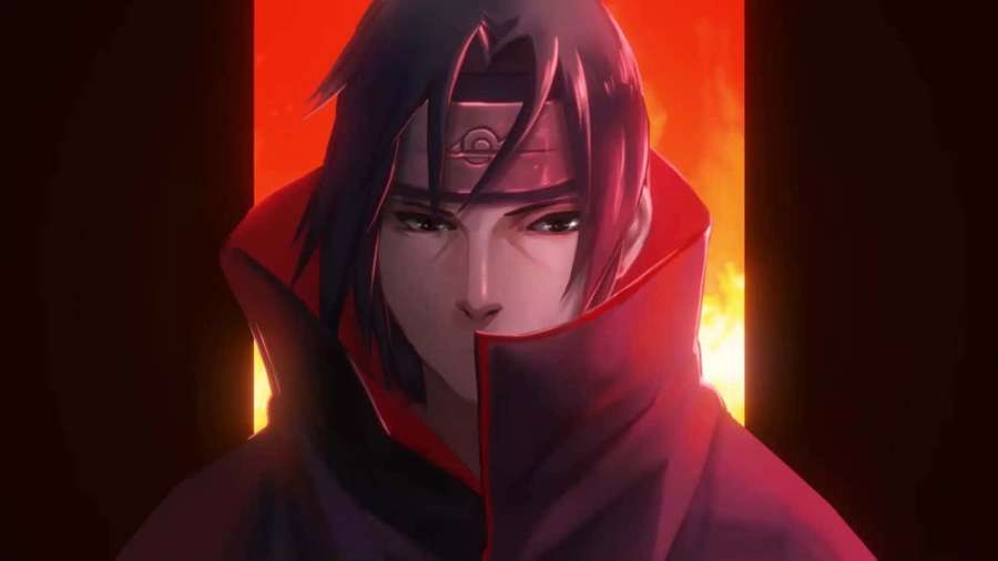 Ninja anime in mantello rosso con espressione seria su sfondo infuocato. — Itachi Face Sfondi
