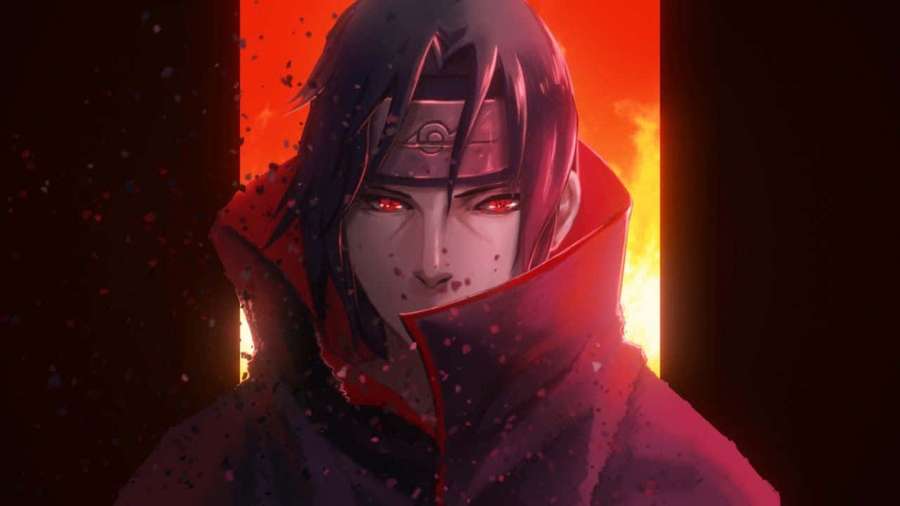 Anime character with red eyes and cloak against fiery background with floating particles. — Itachi Live Wallpaper