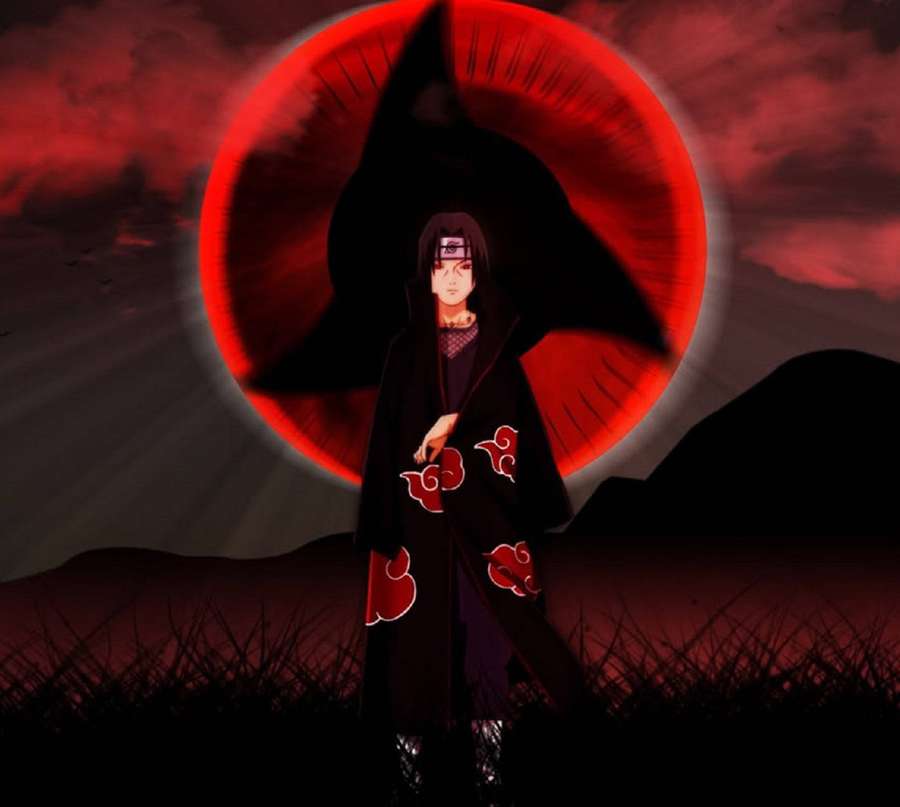 Anime ninja in black cloak with red clouds standing before a giant red Sharingan eye at dusk. — Itachi Pfp Wallpaper