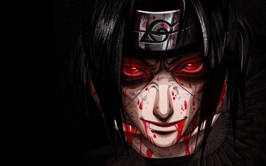 Anime-ninja punaisilla silmillä ja verta kasvoilla pimeässä ympäristössä — Itachi Taustakuvat