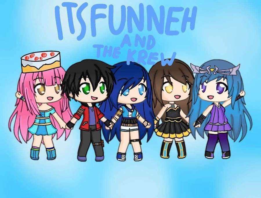 Five chibi anime characters holding hands with colorful hair and outfits against a blue background. — Itsfunneh Background