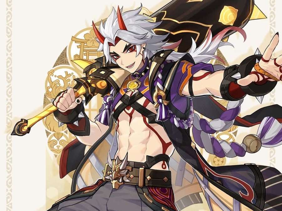 Anime warrior with white hair and red horns holding a golden weapon. — Itto Genshin Impact Wallpaper