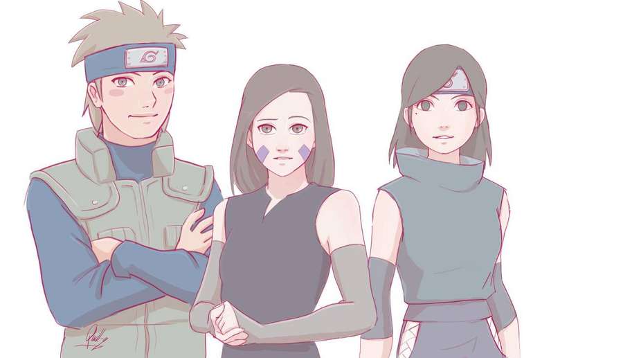 Drei Anime-Ninja-Charaktere stehen mit ernsten Gesichtsausdrücken zusammen. — Izumi Wallpaper