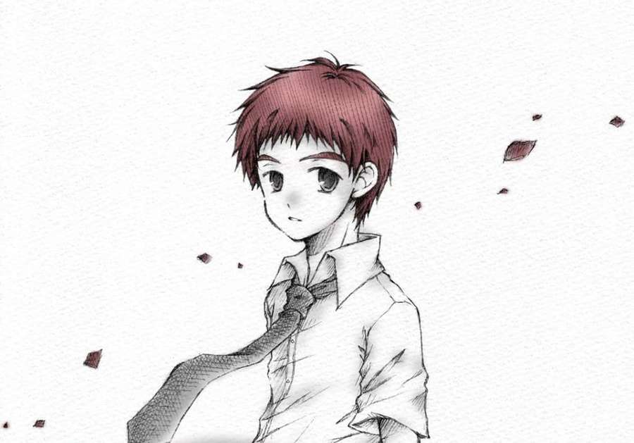 Anime boy with red hair and loosened tie surrounded by floating red fragments on textured white background. — Izzy Izumi Wallpaper
