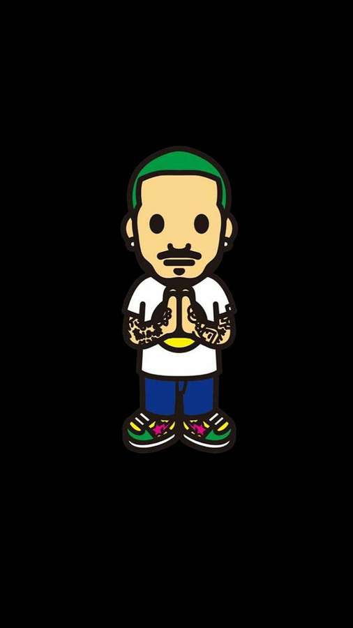 Cartoon-Mann mit grünen Haaren und Tattoos, der mit gefalteten Händen betet. — J Balvin Hintergrundbild
