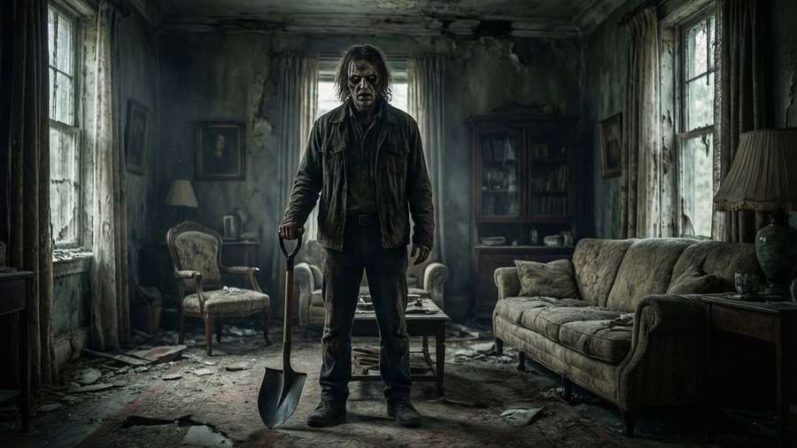 Jack Baker looming in the dark mansion living room with a shovel, horror wallpaper. — Jack Baker Wallpaper