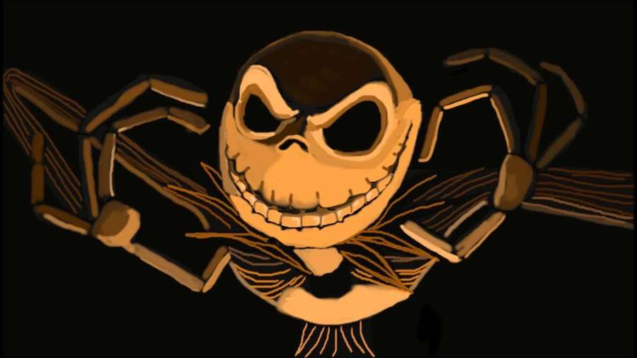 A cartoonish orange skull with skeletal arms and a wide grin against a black background. — Jack Skellington Background