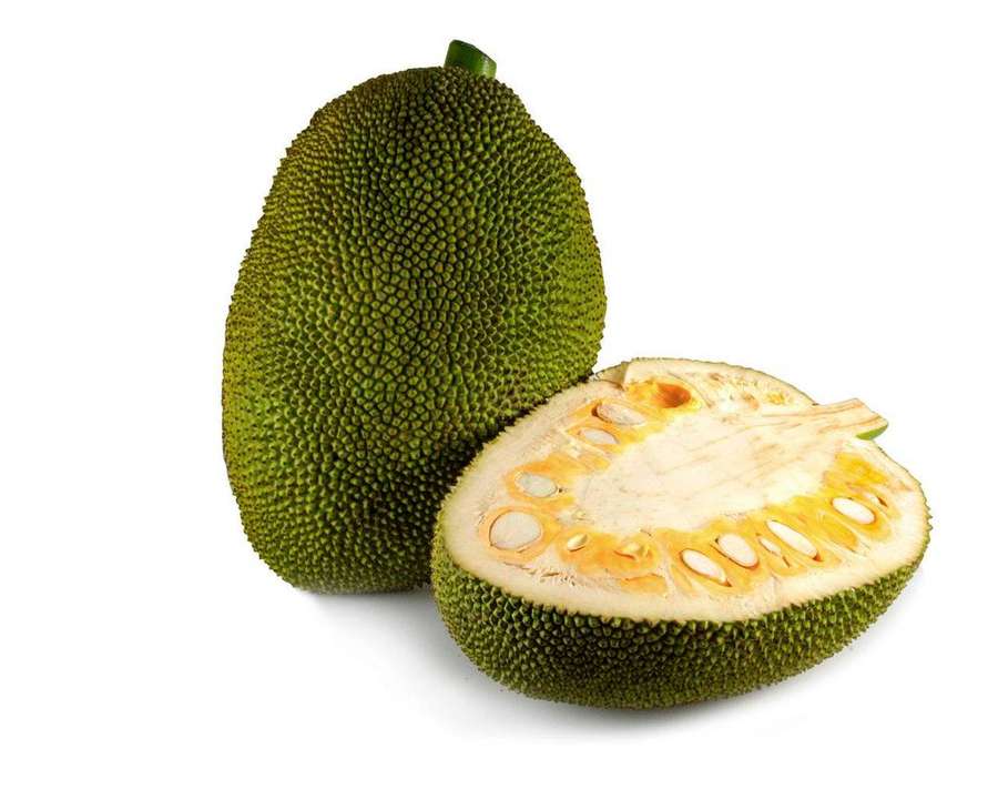 Whole and sliced jackfruit with bumpy green skin and pale yellow flesh. — Jackfruit Wallpaper