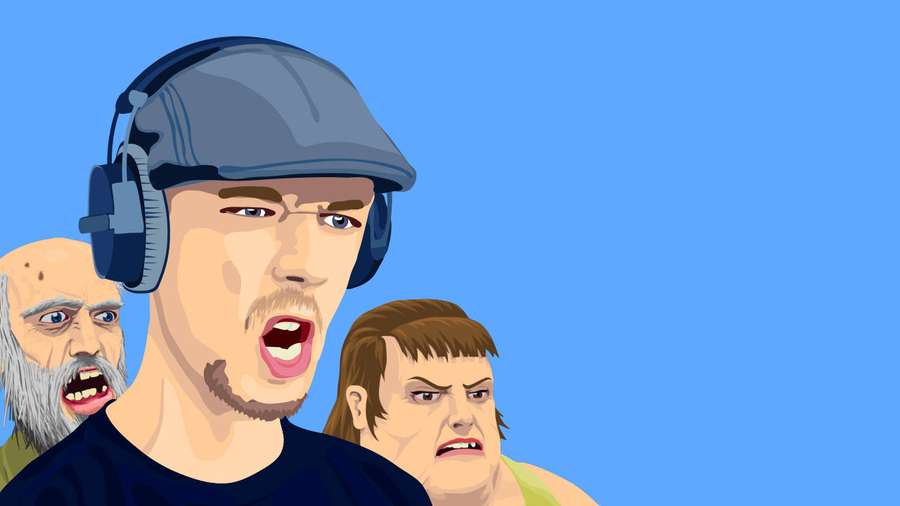 Ein Cartoon-Mann, der schreit, mit wütenden Männern hinter sich auf blauem Hintergrund. — Jacksepticeye Bilder