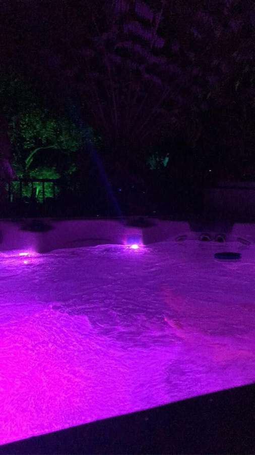 Un jacuzzi violeta brillante por la noche rodeado de árboles oscuros. — Jacuzzi Fondos de pantalla