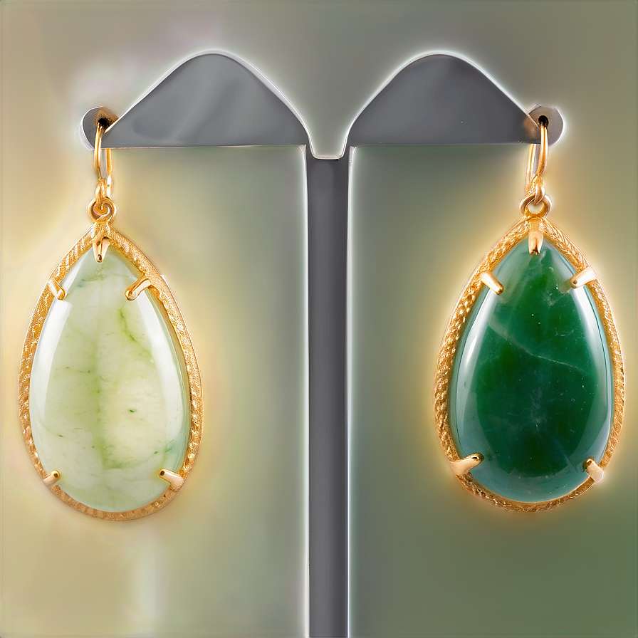 Pair of teardrop jade earrings with gold settings on display stands. — Jade PNG