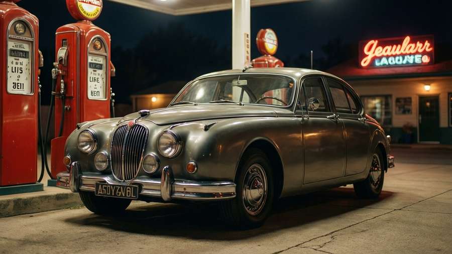 A Jaguar Mark 2 at a vintage gas station at night, evoking 1950s Americana with neon lighting. — Jaguar Mark 2 Wallpaper