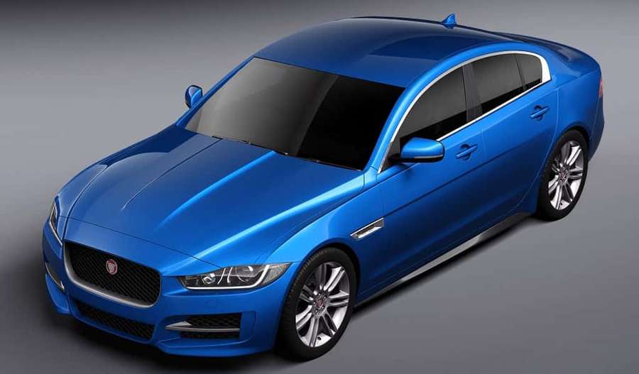 Sininen luksussedan kromiyksityiskohdilla studion valaistuksessa — Jaguar Xe Taustakuvat