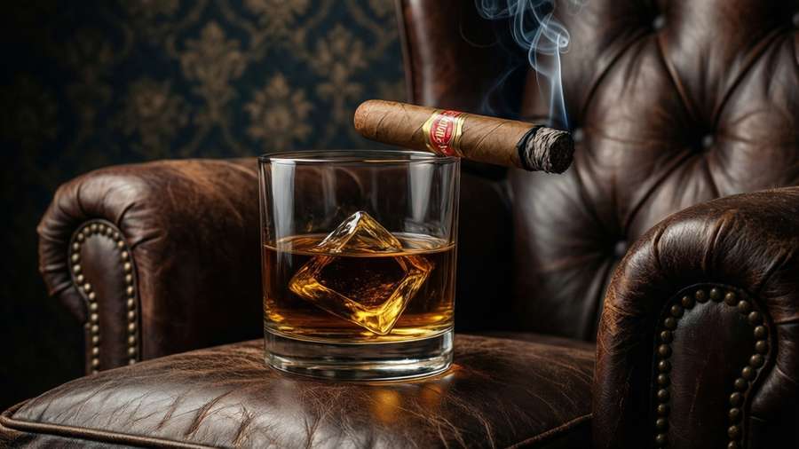 Jameson glass with cigar on leather chair — Jameson Wallpaper