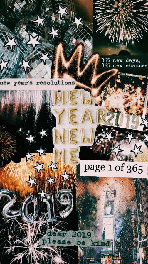 Colagem de celebração do Ano Novo 2019 com fogos de artifício, estrelas e texto motivacional. — Janeiro Papéis de Parede