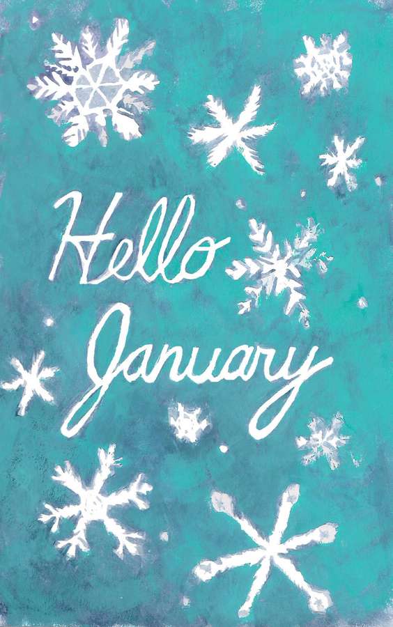 Teal akvarelbaggrund med hvide snefnug og kursiv Hello January tekst. — January Wallpapers