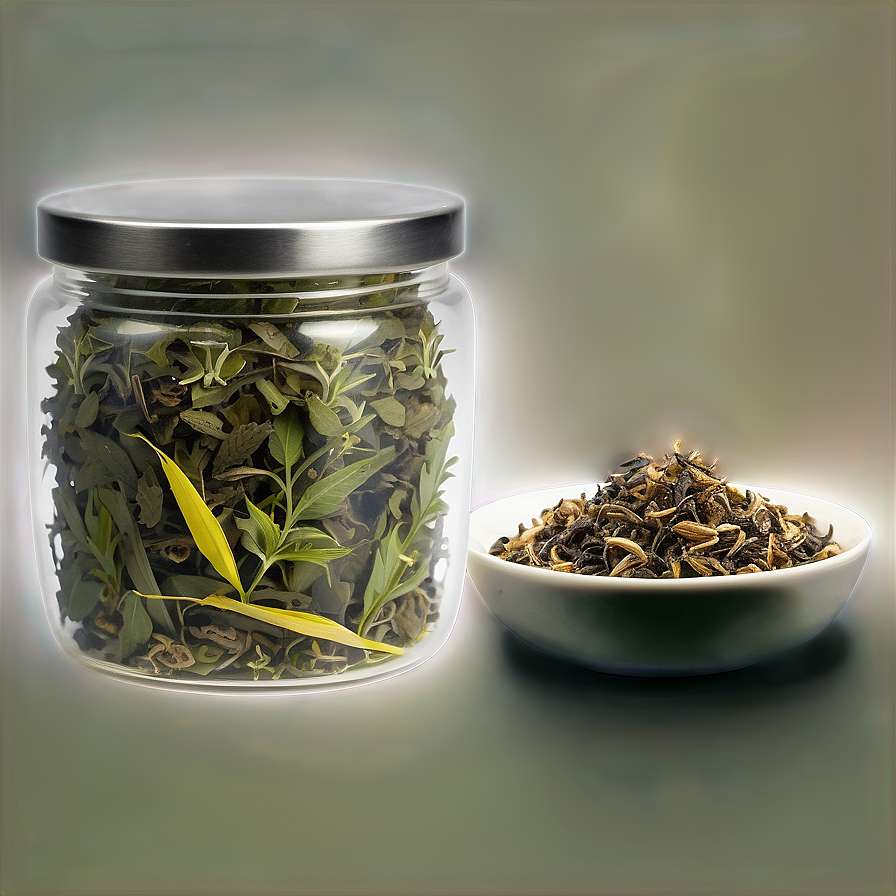 Glass jar and bowl of dried tea leaves glowing softly on a neutral surface. — Jar PNG