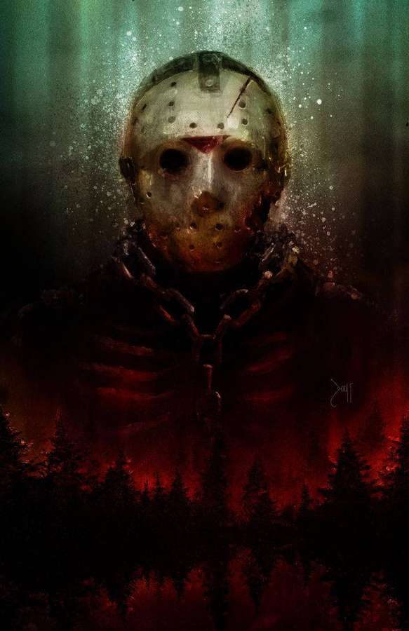Horrorfigur in Hockeysmaske steht in dunklem Wald mit roter und grüner Beleuchtung. — Jason Bilder