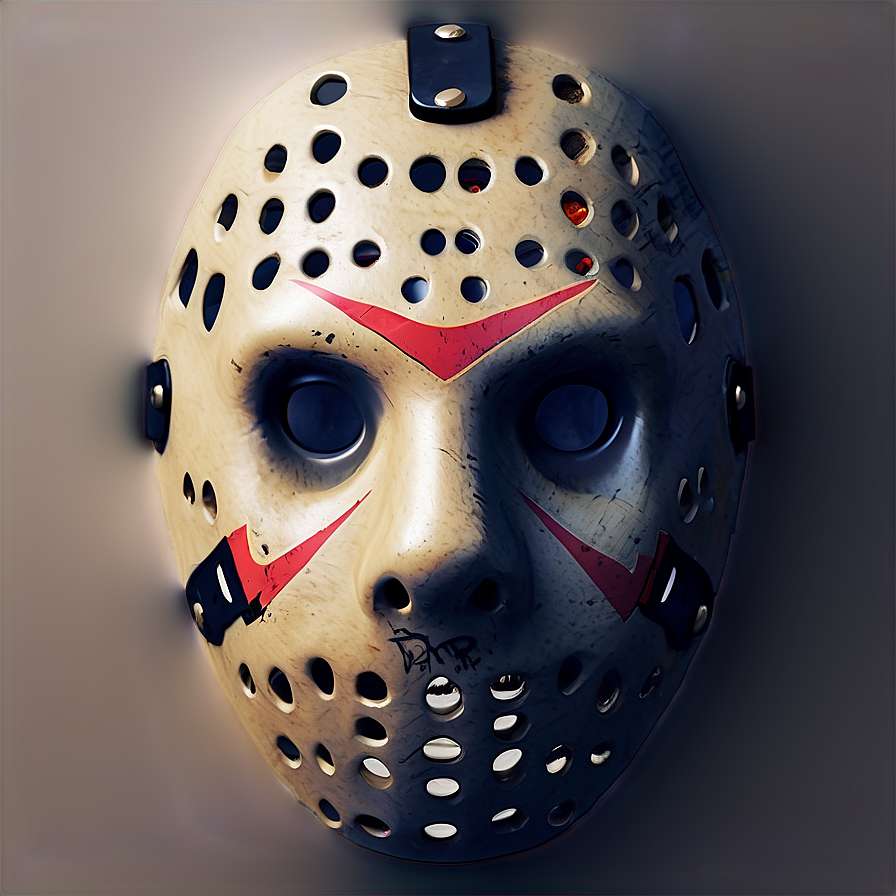 A worn hockey mask with red markings and black straps hanging on a wall. — Jason PNG