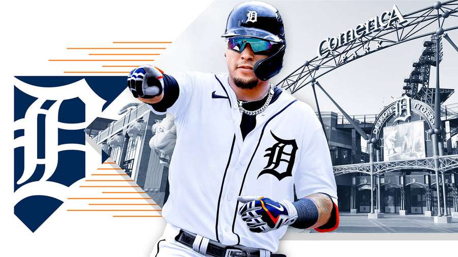 Giocatore di baseball dei Detroit Tigers in divisa che punta allo stadio. — Javier Baez Sfondi
