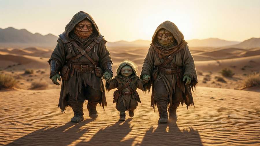 A family of Jawas walking hand-in-hand across the Tatooine desert at sunset. — Jawa Picture