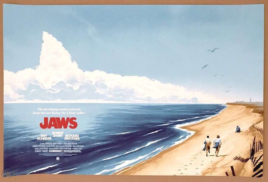 Zwei Personen gehen an einem Strand mit Meereswellen und Möwen, die über ihnen fliegen. — Jaws Bilder
