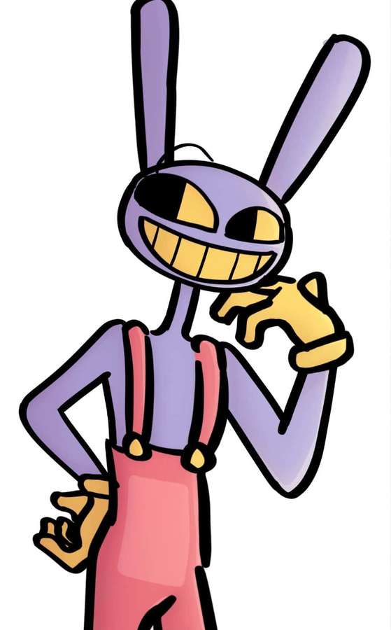 Lila Cartoon-Hase in rosa Latzhose lächelnd mit Hand am Kinn. — Jax Digital Circus Wallpaper