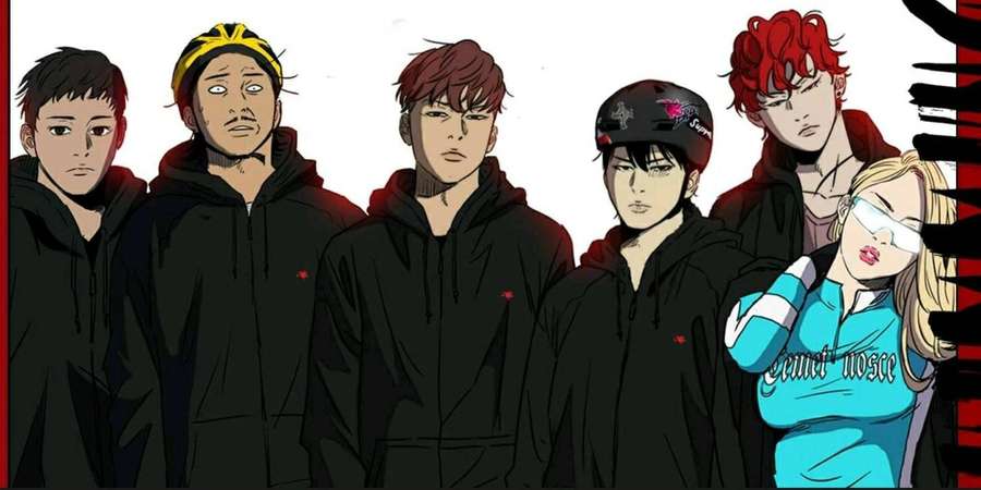 Sechs Anime-Charaktere in Kapuzenpullovern und Helmen posieren vor einem weißen und roten Hintergrund. — Jay Jo Wallpaper
