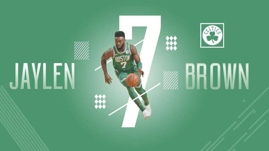 Jaylen Brown in Celtics uniform dribbling a basketball with team logo and name graphic. — Jaylen brown Wallpaper