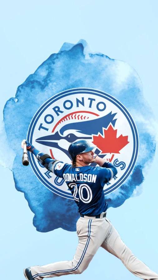Toronto Blue Jays baseball player swinging bat with team logo background. — Jays Wallpaper