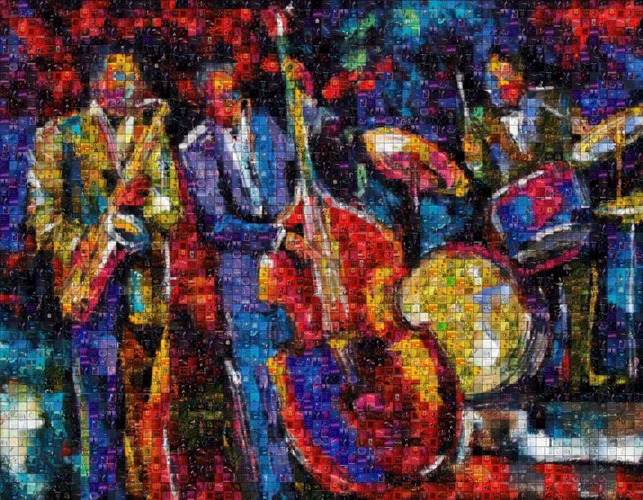Abstract mosaic illustration of a jazz band playing instruments. — Jazz Background