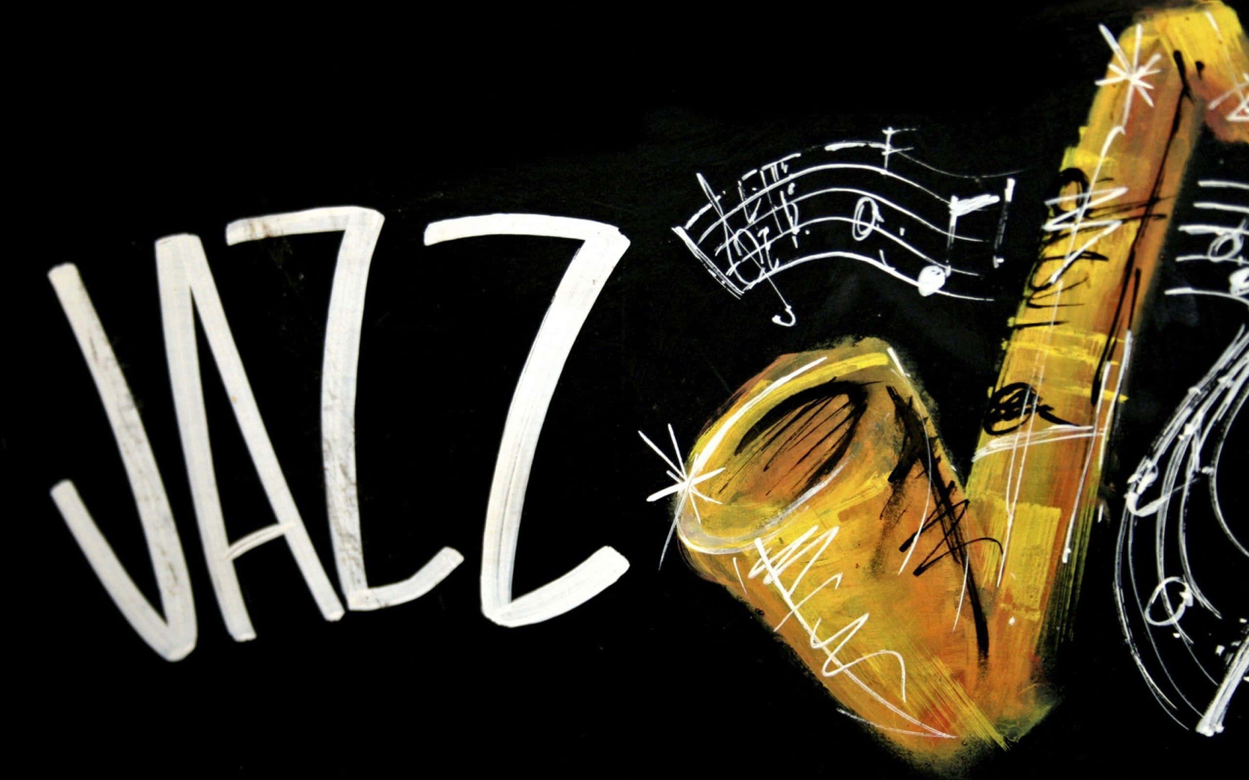 Bold white jazz text and golden saxophone with musical notes on black background. — Jazz Picture