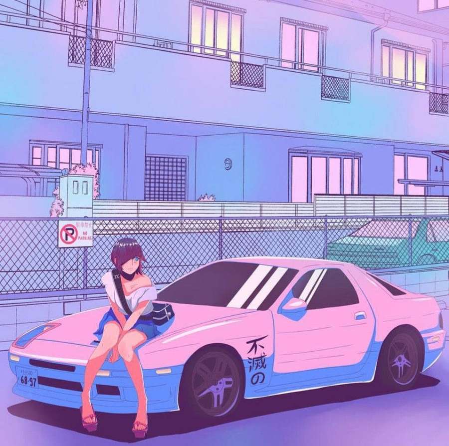 Mädchen sitzt auf pink-blauem Sportwagen in neonbeleuchteter Stadtstraße in der Dämmerung. — Jdm auto Wallpaper