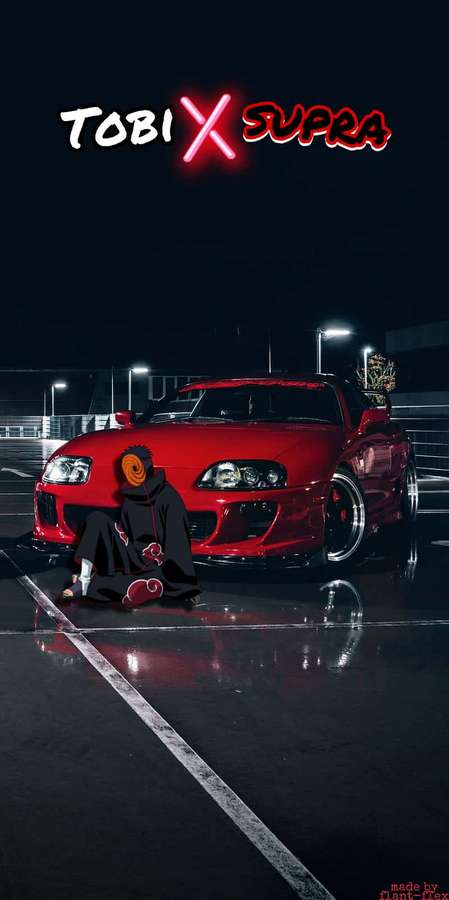 Anime-Charakter Tobi sitzt neben einem roten Supra-Auto unter Neonlichtern auf einem nassen Parkplatz. — Jdm Bilder