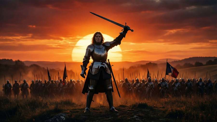 Joan of Arc silhouetted at sunset with her army. — Jeanne D'arc Wallpaper