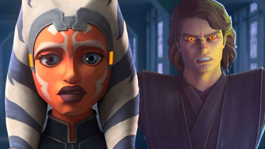 Ahsoka Tano and Anakin Skywalker in a tense confrontation with glowing eyes. — Jedi Background