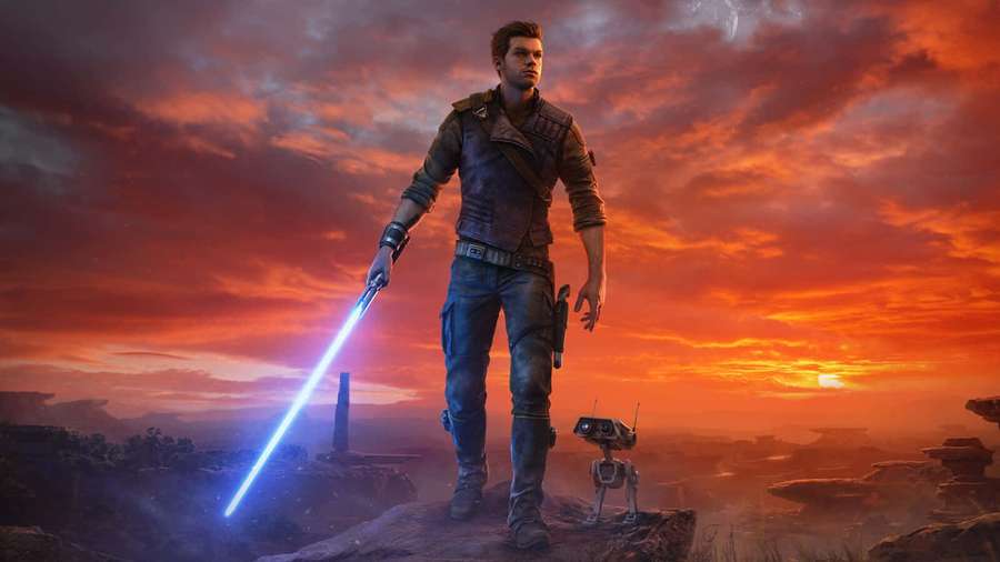 A star wars hero with a blue lightsaber stands on a cliff at sunset with a small robot beside him. — Jedi Knight Wallpaper