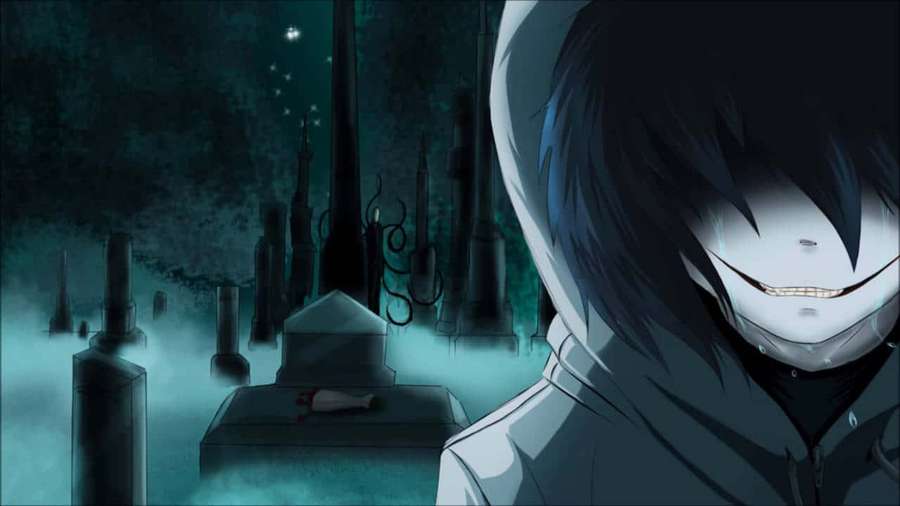 Anime-Figur mit breitem Grinsen auf nebligem Friedhof bei Nacht — Jeff Der Killer Wallpaper