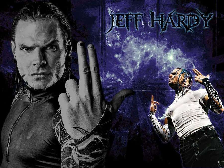 Wrestler Jeff Hardy with cosmic purple energy and text behind him. — Jeff hardy Wallpaper
